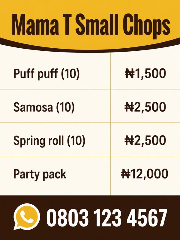 Price list example: Mama T Small Chops